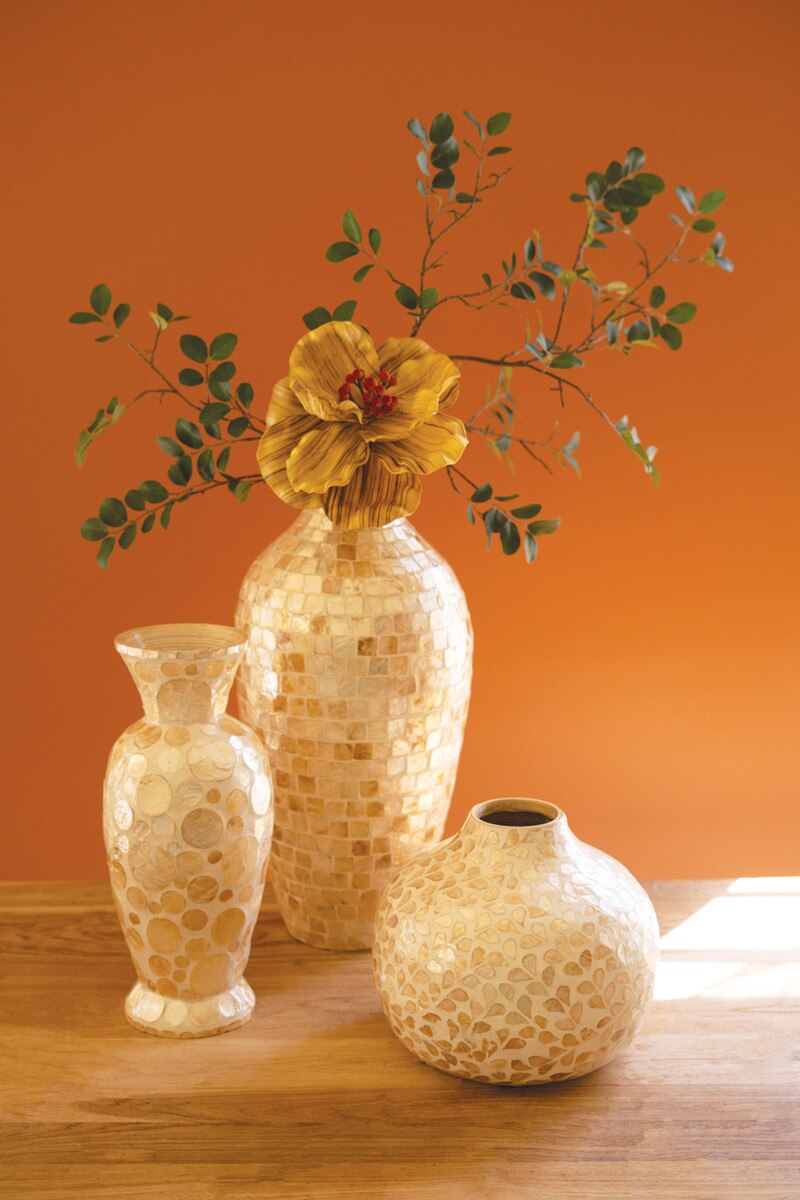 Spun Bamboo Vase with Neutral Capiz Shell Detail / Medium