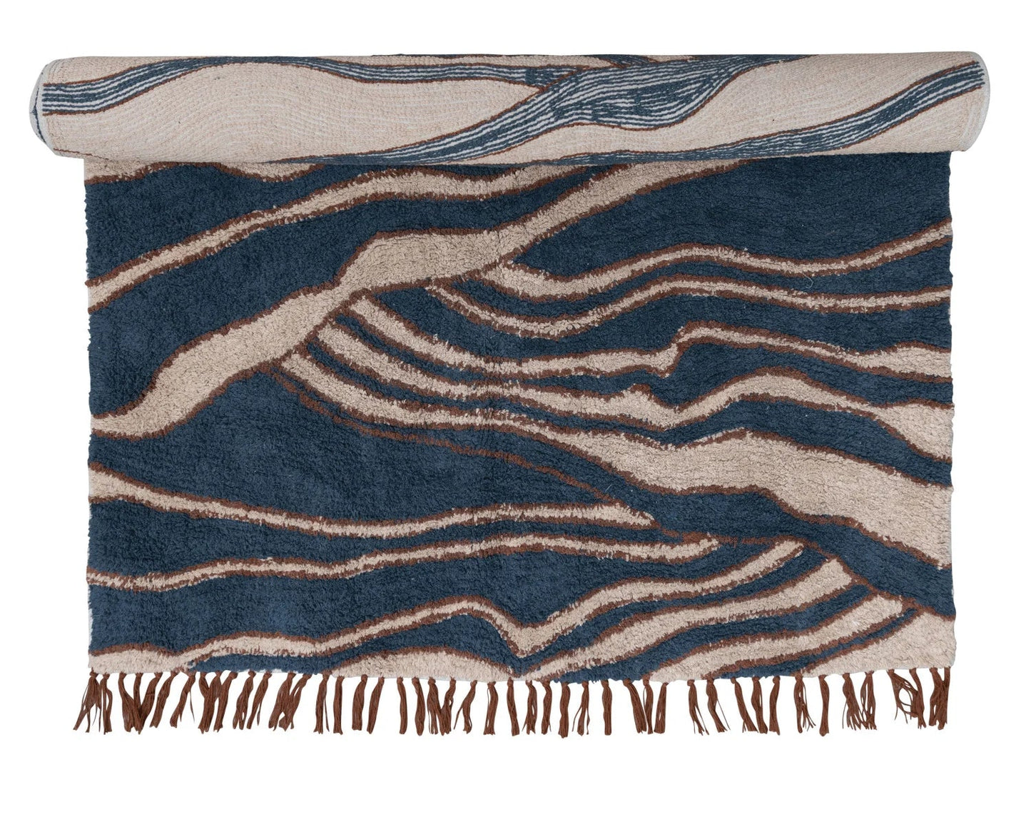 Rug with blue and beige wavy pattern on a white background