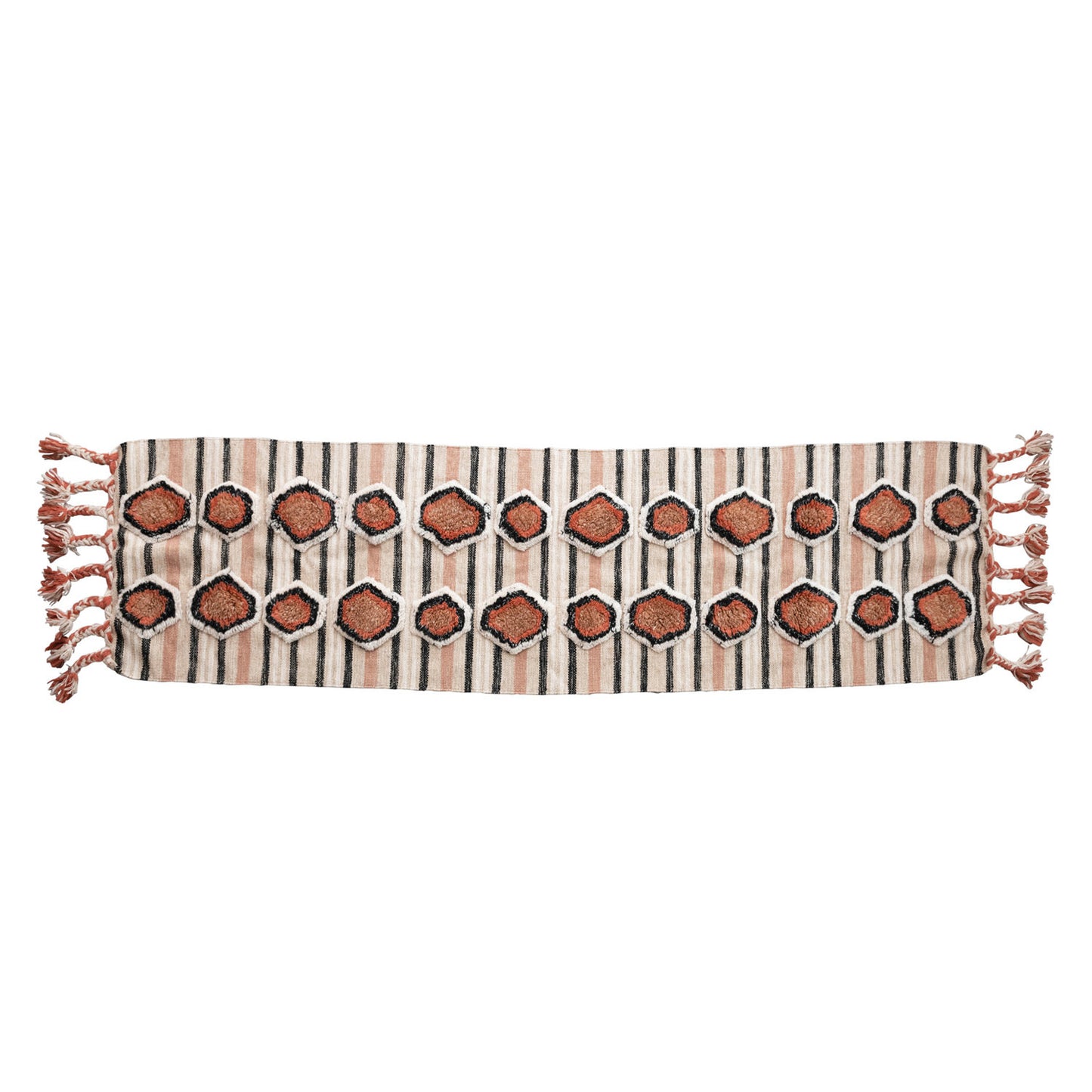 Scarf with geometric pattern and tassels on a white background