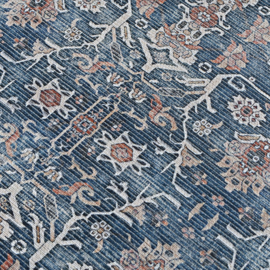 Close-up of a blue patterned rug with intricate designs.