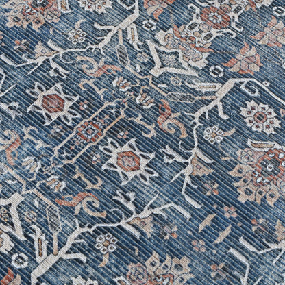 Close-up of a blue patterned rug with intricate designs.