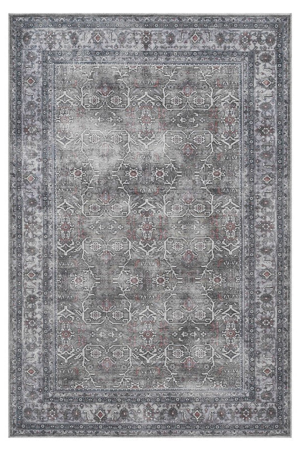 Gray area rug with intricate patterns on a white background