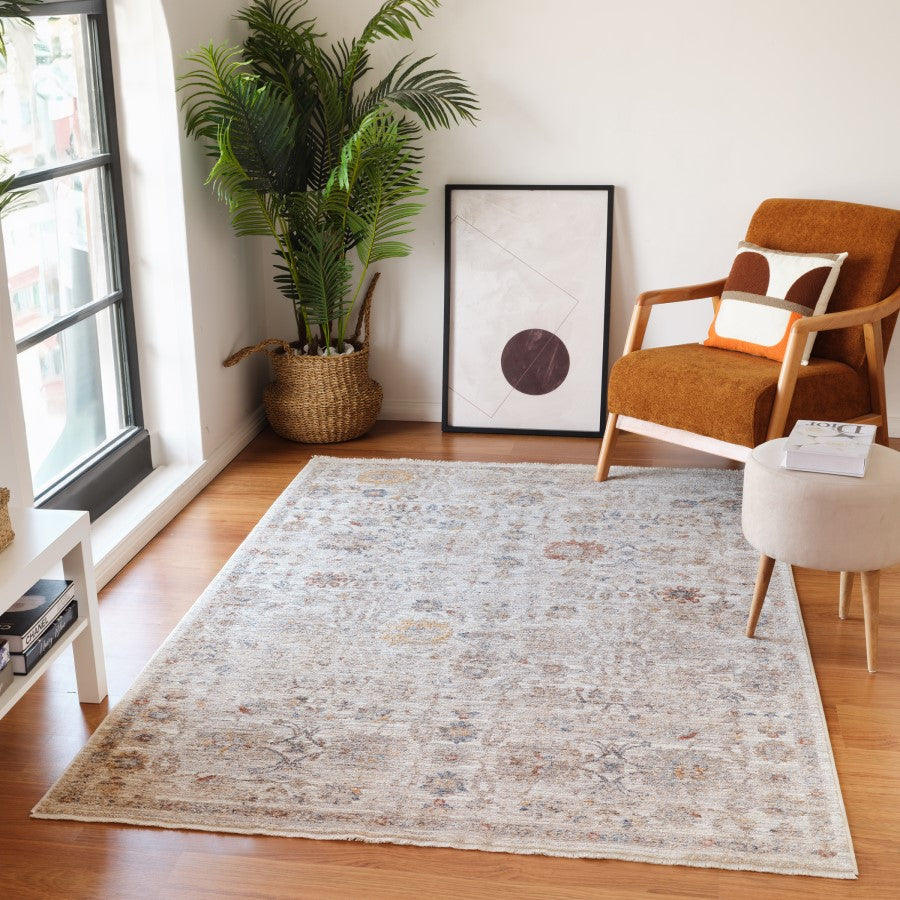 Living room with a large rug, chair, and plant