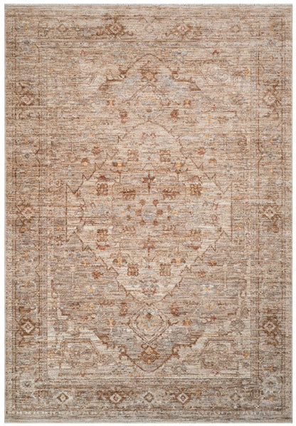 Patterned rug with beige and brown colors on a white background