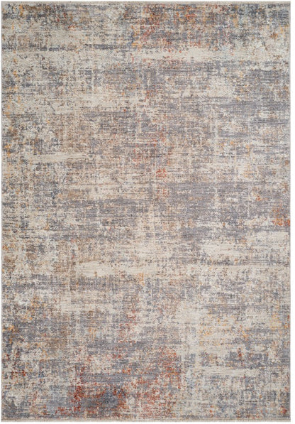 Multicolored area rug with abstract pattern on a white background
