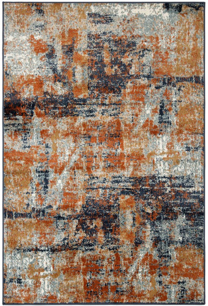 Abstract patterned rug with orange, blue, and beige colors on a white background