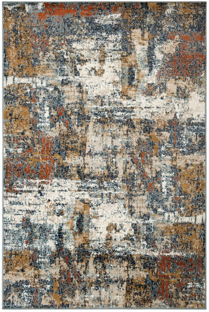 Multicolored area rug with abstract pattern on a white background