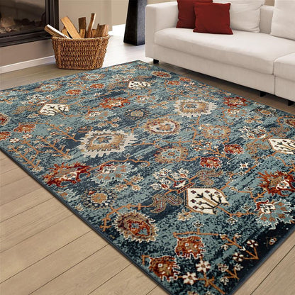 Decorative rug with floral patterns in a living room setting.
