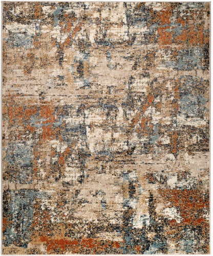 Multicolored area rug with abstract pattern on a white background