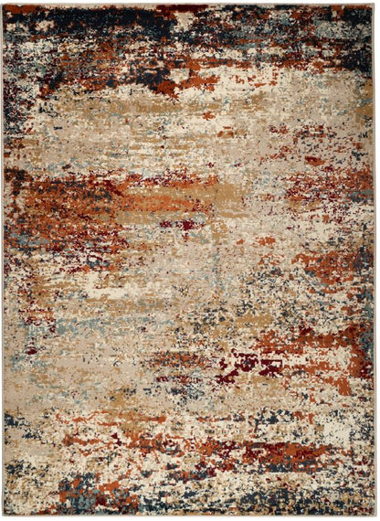 Multicolored area rug with abstract pattern on a white background