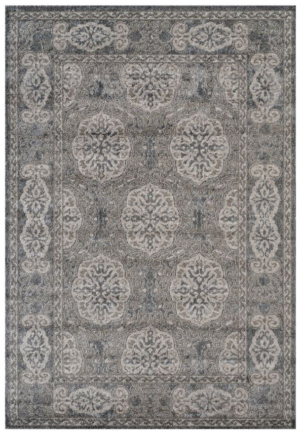 Gray area rug with decorative pattern on a white background