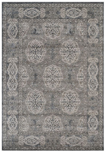 Gray area rug with decorative pattern on a white background