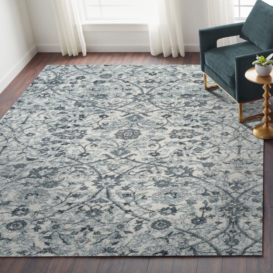 Decorative rug with floral pattern in a living room setting