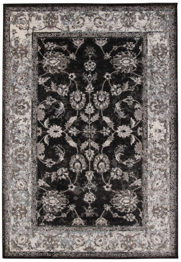 Decorative area rug with floral pattern and border on a white background