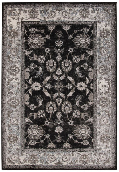 Decorative area rug with floral pattern and border on a white background