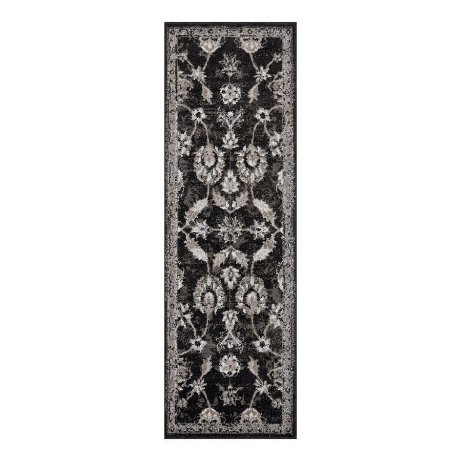 Decorative black and white floral patterned rug on a white background