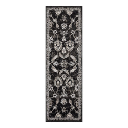 Decorative black and white floral patterned rug on a white background