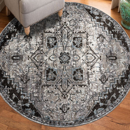 Round decorative rug with intricate pattern on a wooden floor