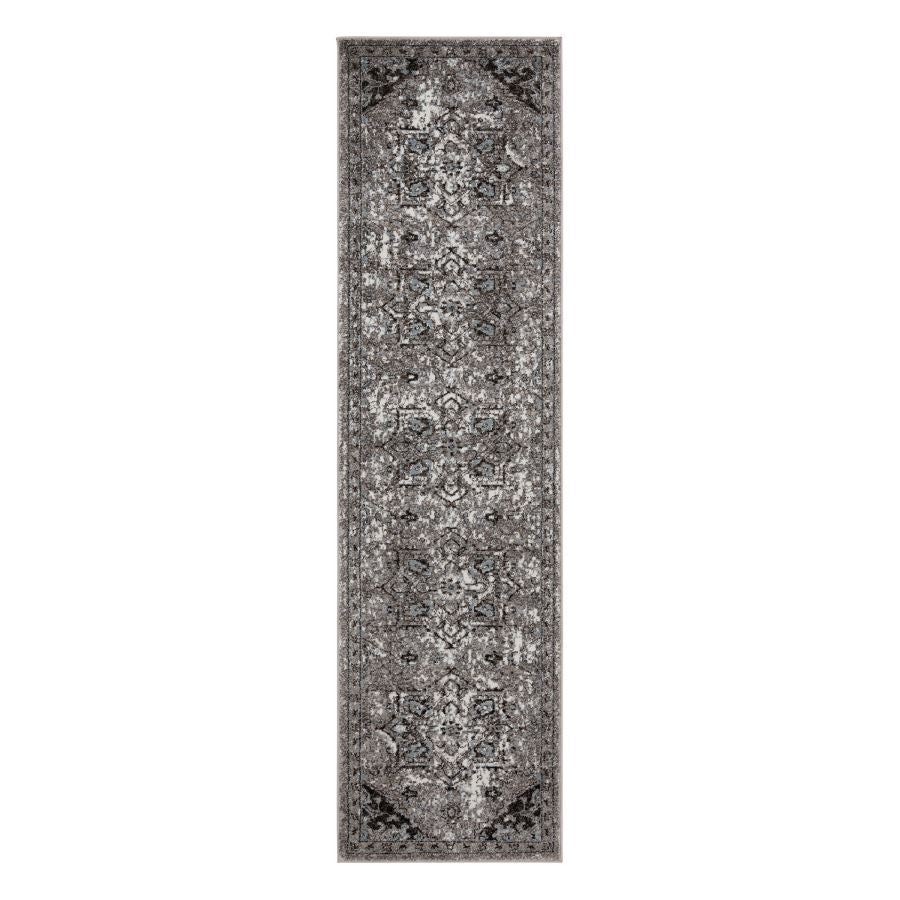 Long rectangular gray area rug with intricate patterns on a white background