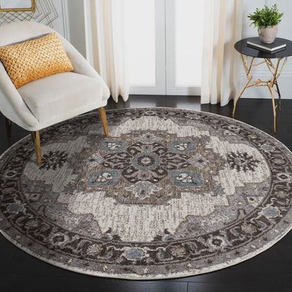 Round patterned rug in a living room setting with a chair and side table.
