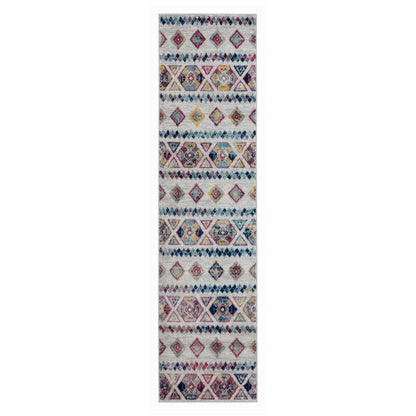 Patterned rug with geometric design on a white background