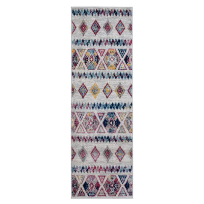 Patterned rug with geometric design on a white background