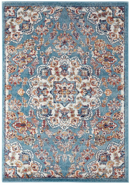 Decorative rug with floral pattern on a blue background