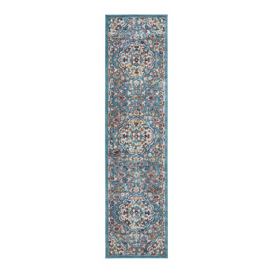 Long rectangular blue rug with intricate floral patterns on a white background
