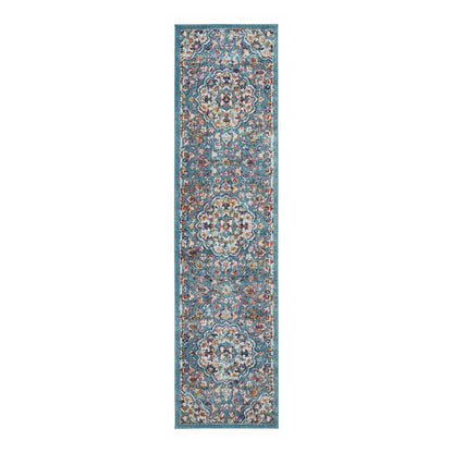 Long rectangular blue rug with intricate floral patterns on a white background