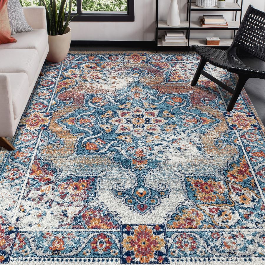 Decorative rug with intricate patterns in a living room setting