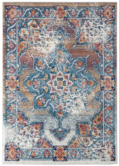 Decorative rug with intricate patterns in blue, orange, and white on a white background