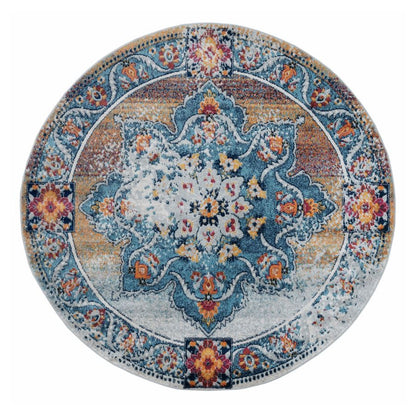 Round rug with intricate floral pattern on a white background