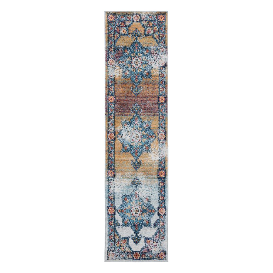 Long, narrow area rug with intricate patterns on a white background