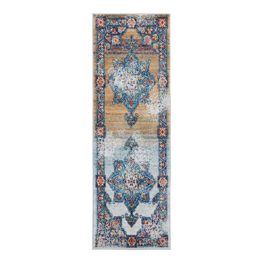 Decorative rug with floral and geometric patterns on a white background