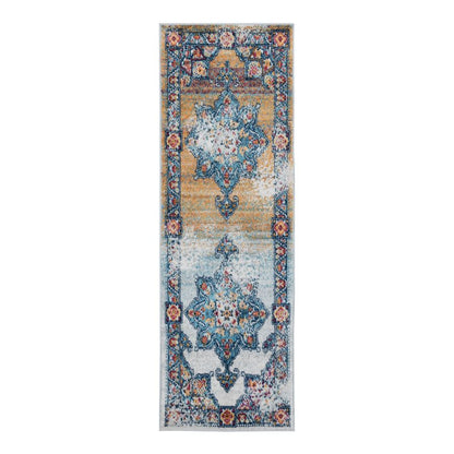 Decorative rug with floral and geometric patterns on a white background