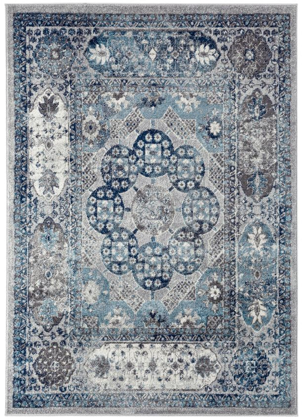 Decorative rug with blue and gray floral pattern on a white background