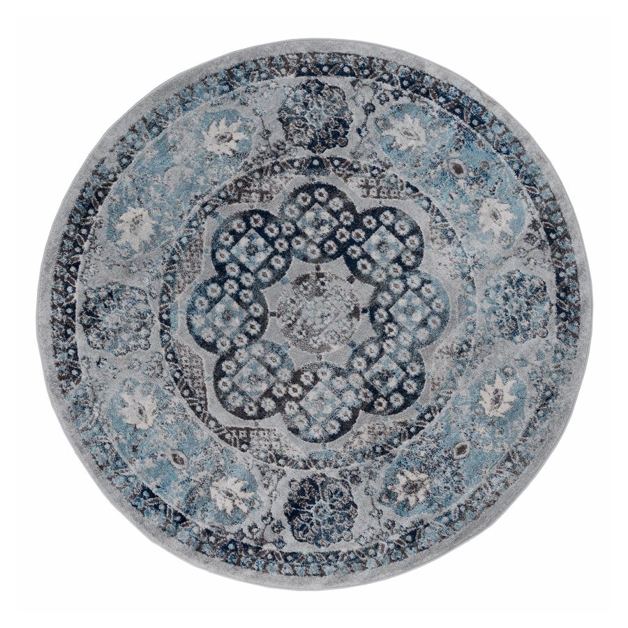 Round rug with a blue and gray pattern on a white background