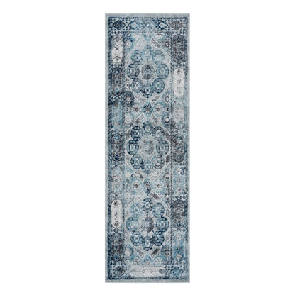 Decorative runner rug with blue and gray pattern on a white background