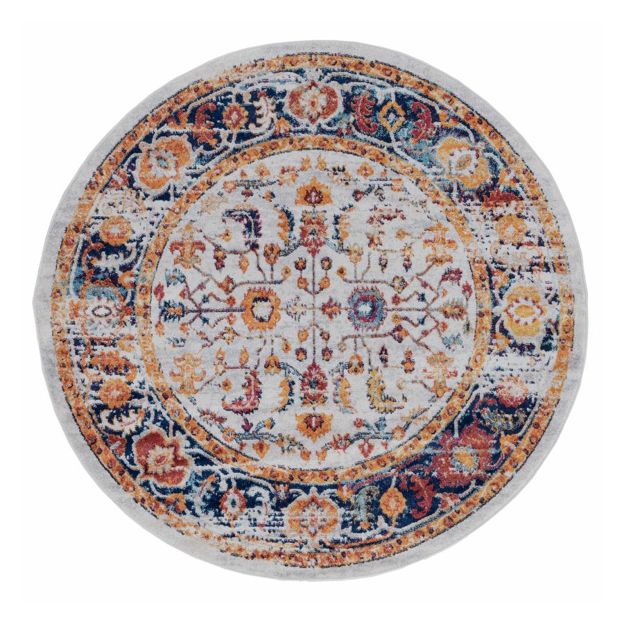 Round floral patterned rug with multicolor design on a white background
