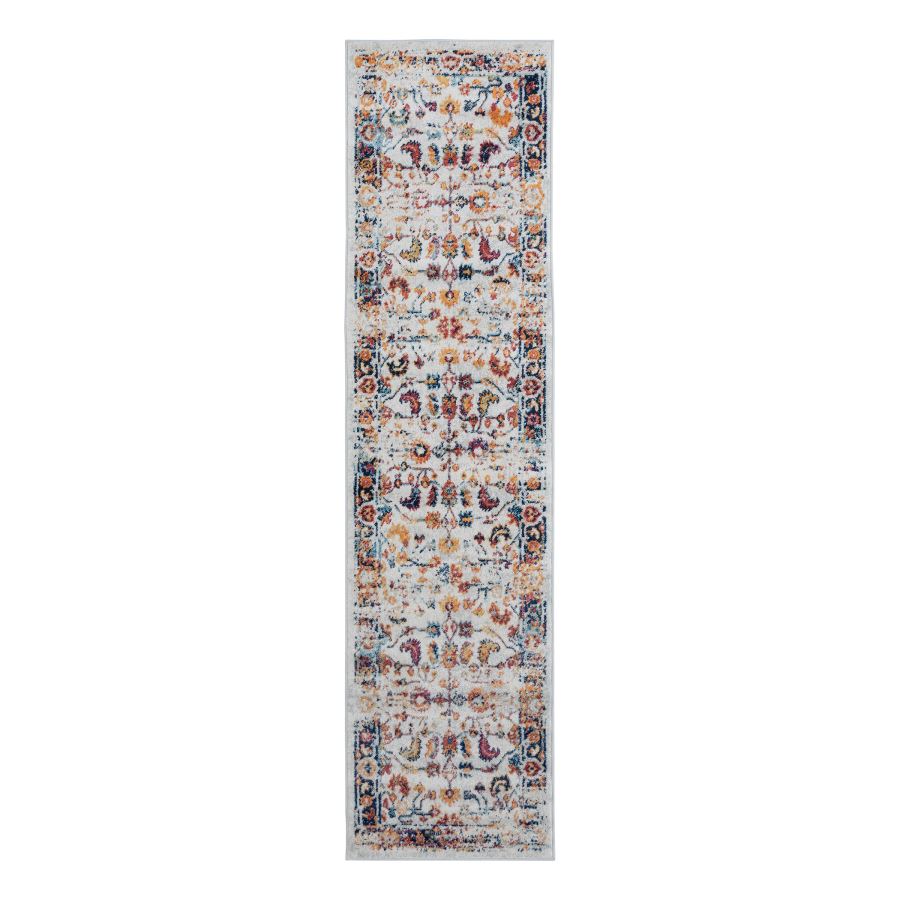 Long, narrow area rug with a multicolored pattern on a white background