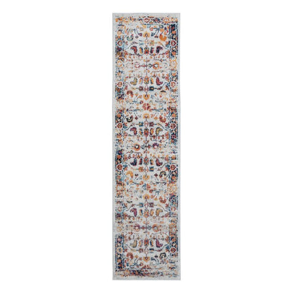 Long, narrow area rug with a multicolored pattern on a white background