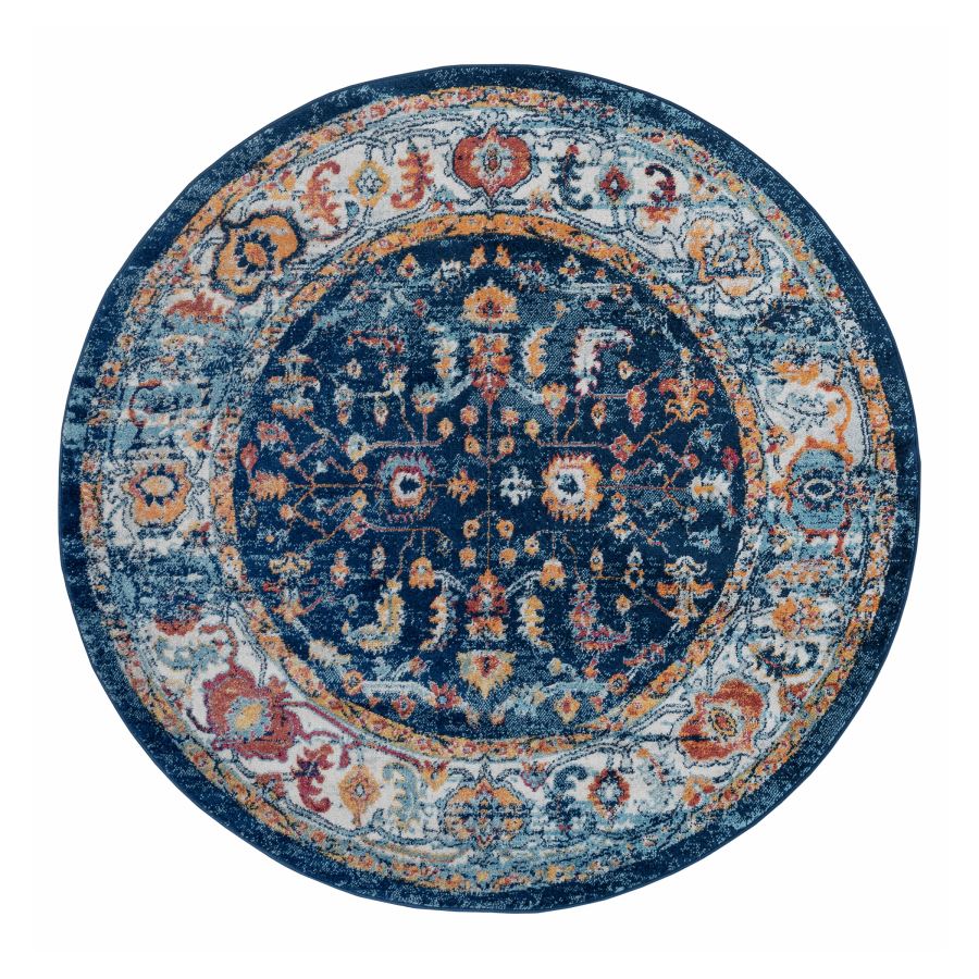 Round rug with intricate blue and orange pattern on a white background