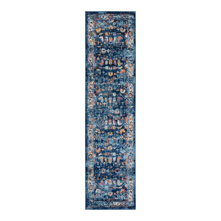 Long rectangular blue floral patterned rug on a white background