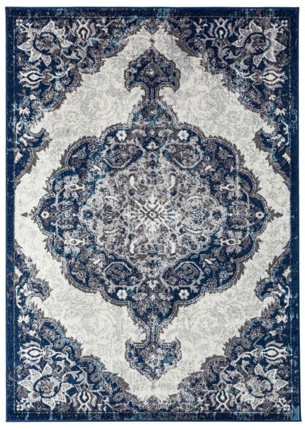 Decorative rug with blue and white pattern on a white background