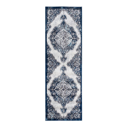 Navy blue and white patterned runner rug on a white background