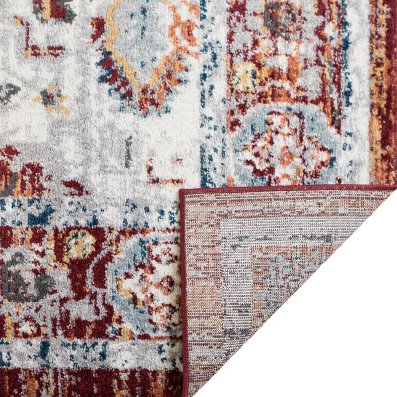 Close-up of a patterned rug with multicolor design on a white background