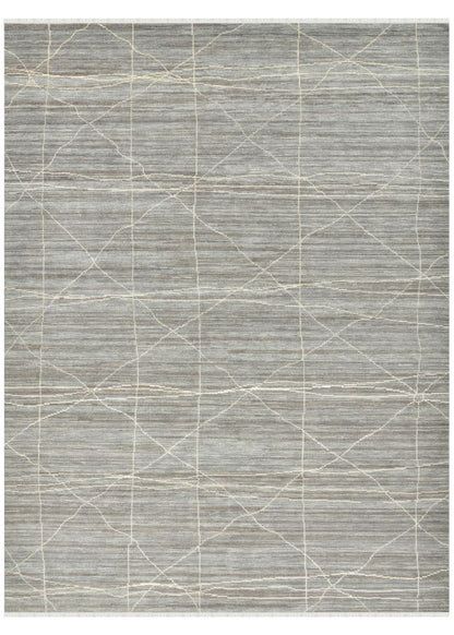 Gray area rug with geometric pattern on a white background