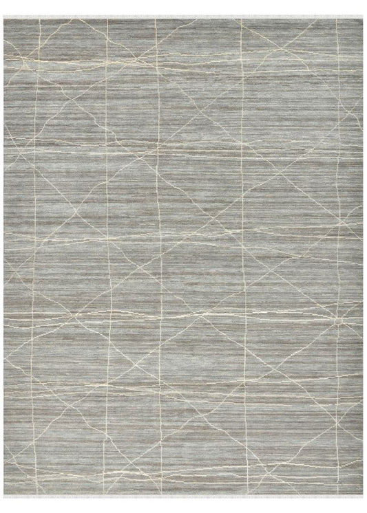 Gray area rug with geometric pattern on a white background