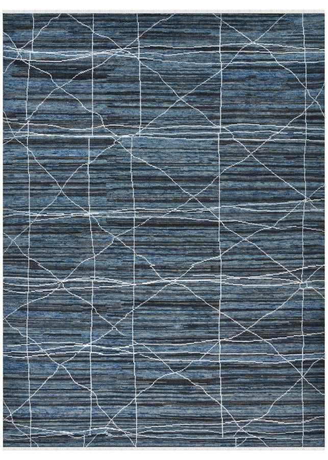 Blue geometric patterned rug on a white background