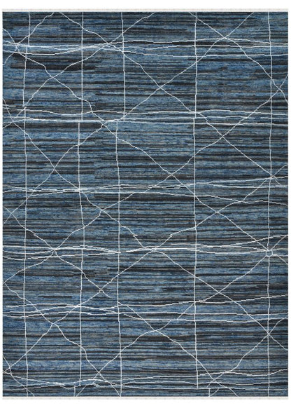 Blue geometric patterned rug on a white background